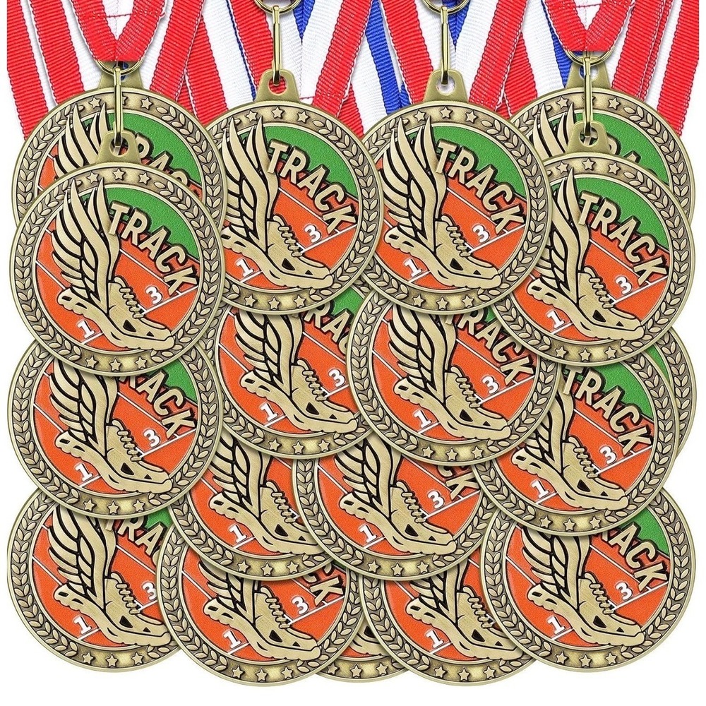 Tondiamo 48 Pcs Track and Field Award Medals Gold Metal with Neck Ribbons Bulk